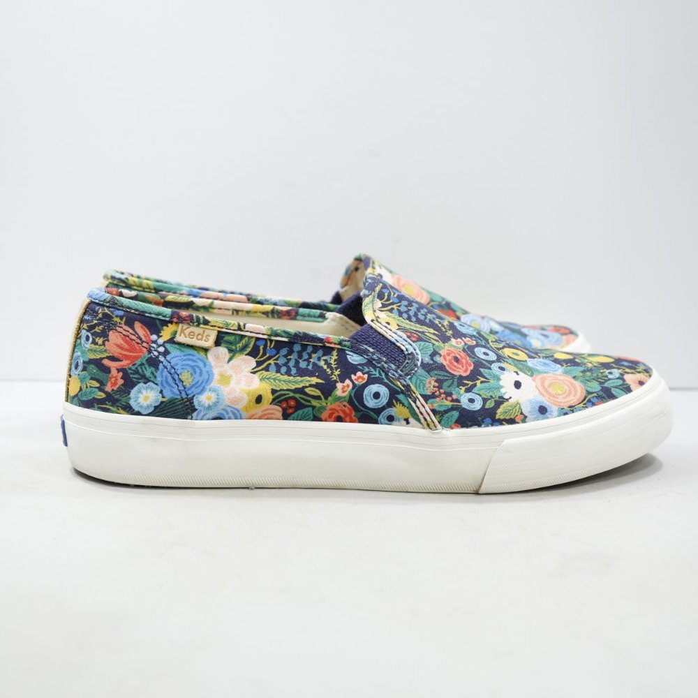 Keds & Rifle Paper Co Double Decker Lea Blue Floral Canvas Slip On Sneakers 9.5W - Picture 3 of 7
